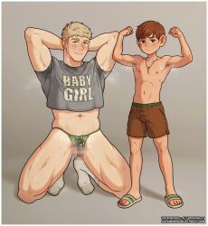  2boys age_difference armpit_hair armpit_peek armpits arms_up bikini blonde_hair brown_eyes brown_hair censored chastity_cage chilchuck_tims crossdressing dungeon_meshi feet flexing gym_shirt gym_shorts halfling japanesebonustrack jewelry kneeling laios_touden looking_at_viewer male_focus micro_bikini mosaic_censoring multiple_boys necklace nipples panties sandals shirt short_shorts shorts shota size_difference sleeveless socks sweaty_clothes swimsuit toes underwear yellow_eyes 