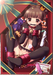 1girl ankle_cuffs bdsm bit_gag black_gloves black_thighhighs bondage bound bound_ankles bound_wrists box brown_eyes brown_hair bustier candy christmas collar copyright_request cuffs dildo elbow_gloves feet food gag gagged garter_belt garter_straps gift gingerbread_man gloves hair_ornament in_box in_container kouguchi_moto lace lace-trimmed_legwear lace_trim lingerie lock loli lollipop long_hair no_panties padlock sex_toy shackles slave socks solo stuffed_animal stuffed_toy teddy_bear thighhighs underwear vibrator wrist_cuffs rating:Questionable score:206 user:danbooru