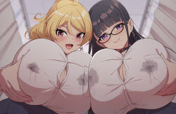  2girls :3 black_hair black_skirt blonde_hair blush breasts bursting_breasts ceiling cleavage closed_mouth commentary_request ear_piercing earrings fang glasses hair_between_eyes highres huge_breasts indoors infirmary jewelry lactation lactation_through_clothes letter_earrings long_hair looking_at_viewer mole mole_under_eye mole_under_mouth multiple_girls open_mouth original piercing purple_eyes red_eyes sakamata_(sakamata4) school_uniform shirt sidelocks skirt smile upper_body white_shirt 