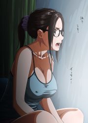  1girl absurdres blue_eyes breasts brown_hair buchou_(kakitama) cleavage collarbone covered_erect_nipples curtains glasses highres indian_style indoors kakitama large_breasts messy_hair no_bra open_mouth original ponytail scrunchie sitting solo translation_request 