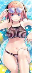  1girl :p arm_up armpits bikini black_ribbon blue_eyes blunt_bangs blush breasts butterfly_hair_ornament collarbone eyebrows_hidden_by_hair eyewear_on_head go-toubun_no_hanayome hair_ornament highres innertube large_breasts looking_at_viewer mameroku nakano_nino navel outdoors pink_bikini pink_hair pool raised_eyebrows ribbon smile stomach striped_bikini striped_clothes sunlight swim_ring swimsuit thick_thighs thighs tongue tongue_out twintails v wet wide_hips  rating:Sensitive score:49 user:danbooru