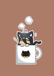  1girl a4_(a4_eishi) absurdres ahoge alternate_animal_ears alternate_tail animal_ears black_hair blush brown_background cat_ears cat_girl cat_tail chibi closed_mouth cup earrings hair_between_eyes highres in_container in_cup jewelry looking_at_viewer manhattan_cafe_(umamusume) mini_person minigirl multicolored_hair outline paw_print simple_background single_earring solo steam streaked_hair tail umamusume white_outline yellow_eyes 