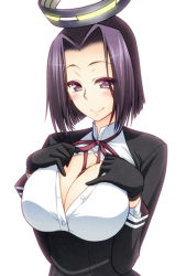 10s 1girl breasts cleavage gloves halo kantai_collection large_breasts mechanical_halo miyashiro_sousuke personification purple_eyes purple_hair school_uniform short_hair smile solo tatsuta_(kancolle) upper_body white_background rating:Questionable score:17 user:danbooru