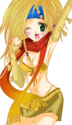  00s 1girl armpits arms_up asukasunao bikini bikini_top_only blonde_hair blush breasts cleavage detached_sleeves female_focus final_fantasy final_fantasy_x final_fantasy_x-2 green_eyes headband long_hair lowres midriff miniskirt open_mouth rikku_(ff10) scarf skirt solo swimsuit white_background wink 