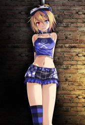  1girl against_wall arm_strap arms_behind_back asymmetrical_legwear belt belt_buckle blonde_hair blue_belt blue_eyes blue_hair blue_skirt blue_tank_top buckle choker clenched_teeth collar collarbone crop_top hair_between_eyes hair_ornament hairclip heterochromia highres kagamine_rin looking_at_viewer midriff miniskirt multicolored_hair navel project_diva_(series) red_eyes restrained short_hair single_thighhigh skirt skull_print solo standing stomach striped_clothes striped_thighhighs sweatdrop tank_top tears teeth thighhighs tsukishiro_saika two-tone_hair uneven_legwear vocaloid  rating:Sensitive score:31 user:danbooru