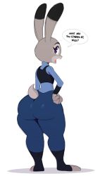  1girl absurdres animal_ears ass body_fur rabbit english_text eric_lowery furry furry_female highres judy_hopps looking_back open_mouth pants purple_eyes shirt simple_background solo standing teeth text_focus white_background zootopia  rating:Sensitive score:59 user:redlight1