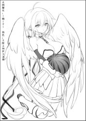  1girl ahoge bare_shoulders boots breasts broken broken_chain chain cleavage closed_mouth feathered_wings food fruit gloves greyscale hair_between_eyes haneru holding holding_food ikaros large_breasts long_hair monochrome pleated_skirt robot_ears simple_background skirt solo sora_no_otoshimono strapless thigh_boots translation_request very_long_hair watermelon white_background wings 
