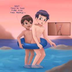  2boys :d :o ass barefoot blue_innertube blurry blurry_background blush brown_eyes brown_hair butt_crack collarbone creatures_(company) english_text erection foreskin from_side game_freak hand_on_another&#039;s_shoulder heart highres holding holding_swim_ring innertube inset looking_at_another looking_back lucas_(pokemon) male_focus multiple_boys navel nintendo nipples nose_blush nude nuggets open_mouth outdoors partially_submerged penis penis_on_ass pokemon pokemon_dppt purple_eyes purple_hair red_sky shota sky smile speech_bubble standing swim_ring toes tuber_(pokemon) uncensored wading water wet yaoi  rating:Explicit score:180 user:Nishiro