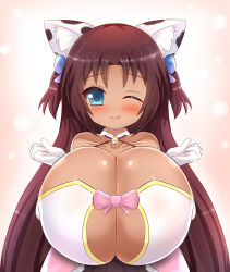 1girl animal_ears animal_print bare_shoulders bell blue_bow blue_eyes blush borrowed_character bow breasts breasts_squeezed_together brown_hair cat_ears cat_girl cleavage cleavage_cutout clothing_cutout collar commission cow_print dark-skinned_female dark_skin dress elbow_gloves gloves hair_bow hair_ornament halterneck highres huge_breasts kane-neko long_hair looking_at_viewer naomi_minette one_eye_closed oppai_loli original petite pink_bow pink_dress pov shiny_skin shortstack smile solo standing tight_clothes two_side_up upper_body white_gloves wing_collar rating:Sensitive score:65 user:danbooru