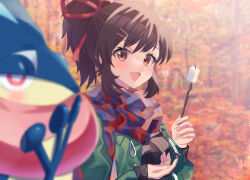  1girl :d alternate_costume asuka_(senran_kagura) autumn autumn_leaves black_hair black_shirt blue_scarf blush breasts brown_eyes buttons camping casual creatures_(company) crossover fire food forest game_freak gen_6_pokemon gogat8 green_jacket greninja hair_ornament hair_ribbon hairclip holding holding_food holding_stick jacket large_breasts long_sleeves long_tongue looking_at_viewer marshmallow nature nintendo open_mouth outdoors plaid plaid_scarf plant pokemon pokemon_(creature) ponytail red_eyes red_ribbon red_scarf ribbed_shirt ribbon roasted_marshmallow scarf senran_kagura senran_kagura_shoujo-tachi_no_shin&#039;ei shirt short_hair smile sparks stick swept_bangs tongue tongue_scarf tree two-tone_scarf webbed_hands 