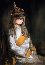  1girl alternate_costume bad_id bad_pixiv_id bismarck_(kancolle) blonde_hair blue_eyes commentary_request cosplay epaulettes erufu_kan fine_art_parody gloves helmet jacket kantai_collection long_hair military military_uniform name_connection otto_von_bismarck otto_von_bismarck_(cosplay) pants parody pickelhaube sitting solo uniform white_gloves white_jacket white_pants 