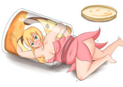 1girl artist_request barefoot blonde_hair blush bottomless breasts butterfly_wings cleavage fairy fat food green_eyes in_container insect_wings jar large_breasts mini_person minigirl plump scared simple_background solo struggling stuck wings rating:Questionable score:25 user:Citizen_X
