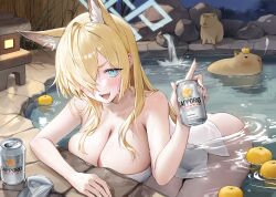  1girl absurdres alcohol animal animal_ear_fluff animal_ears ass beer beer_can blonde_hair blue_archive blue_eyes blue_halo blush breasts can capybara cleavage drink_can extra_ears fingernails food fruit hair_over_one_eye halo highres holding holding_can kanna_(blue_archive) large_breasts long_hair looking_at_viewer murabana44 naked_towel onsen open_mouth partially_submerged sapporo_beer solo towel water white_towel yuzu_(fruit) yuzu_bath 