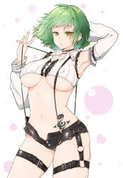  1girl :o arm_behind_head arm_belt armpits bare_shoulders belt belt_buckle black_belt body_blush breasts bubble bubble_background buckle center_frills choker collar collarbone collared_shirt covered_erect_nipples crop_top detached_sleeves earrings frilled_shirt frills green_hair groin hikage_(senran_kagura) hip_tattoo jewelry lace lace-trimmed_sleeves lace_trim large_breasts looking_at_viewer mzknk0313 navel o-ring o-ring_thigh_strap open_fly open_mouth pants pink_background revealing_clothes senran_kagura senran_kagura_new_link senran_kagura_shoujo-tachi_no_shin&#039;ei shiny_skin shirt short_hair short_shorts shorts skindentation slit_pupils snake_tattoo solo standing suspender_shorts suspenders suspenders_pull tattoo thigh_belt thigh_strap thighs torn_clothes torn_pants torn_shorts two-tone_background underboob v white_background yellow_eyes  rating:Sensitive score:44 user:danbooru