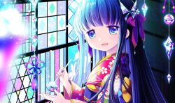  1girl :d blue_eyes blurry blurry_foreground commentary_request copyright_request depth_of_field floral_print holding indoors japanese_clothes kimono long_hair long_sleeves looking_at_viewer looking_to_the_side obi open_mouth purple_hair purple_kimono sakurazawa_izumi sash smile solo upper_body very_long_hair wide_sleeves window 