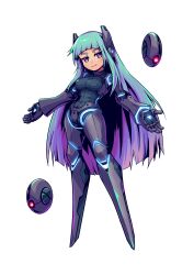  1girl android aqua_hair artist_request bodysuit breasts drone full_body gradient_hair headgear highres joints large_breasts long_hair looking_at_viewer multicolored_hair neon_trim no._unique no_feet official_art purple_eyes purple_hair robot_joints science_fiction second-party_source smile solo super_alloy_ranger transparent_background very_long_hair 