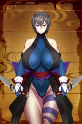  1girl absurdres bare_shoulders black_hair blade blue_eyes blue_gloves bodysuit bow breasts cameltoe covered_erect_nipples curvy dual_wielding elbow_gloves gloves hero_(do-belman) heterochromia highres holding huge_breasts huge_filesize looking_at_viewer purple_bow red_eyes samurai_spirits shiki_(samurai_spirits) short_hair snk solo standing tattoo thick_thighs thighs  rating:Questionable score:35 user:danbooru
