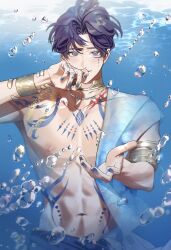  1boy abs armlet blue_nails blurry blush bracelet bubble chest_tattoo closed_mouth facial_tattoo finger_tattoo fingernails hand_on_own_face highres jewelry looking_at_viewer love_and_deepspace male_focus metal multicolored_eyes navel neck_tattoo necklace offering_hand purple_eyes purple_hair rafayel_(love_and_deepspace) short_hair shoulder_tattoo single_bare_shoulder smile tattoo tsuchifu_ma underwater water 