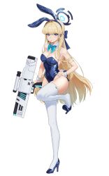  1girl 5uj0 absurdres animal_ears assault_rifle bare_shoulders blonde_hair blue_archive blue_eyes blue_footwear blue_halo blue_leotard bow bowtie braid breasts cleavage closed_mouth covered_navel detached_collar fake_animal_ears fake_tail full_body groin gun h&amp;k_g11 hairband halo hand_on_own_hip headset high_heels highres holding holding_gun holding_weapon leg_up leotard long_hair looking_at_viewer medium_breasts microphone multicolored_hair playboy_bunny rabbit_ears rabbit_tail rifle shoe_dangle simple_background solo standing standing_on_one_leg strapless strapless_leotard streaked_hair tail thighhighs toki_(blue_archive) toki_(bunny)_(blue_archive) very_long_hair weapon white_background white_thighhighs wrist_cuffs 