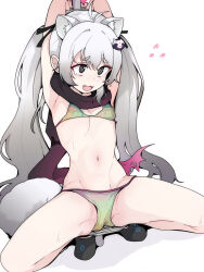 1girl @_@ absurdres animal_ears antenna_hair bikini black_footwear black_hair black_scarf blue_archive extra_ears fang flying_sweatdrops full_body green_bikini grey_hair halo highres long_hair michiru_(blue_archive) navel open_mouth pearlgang_e pink_halo raccoon_ears raccoon_tail scarf shoes simple_background solo squatting swimsuit tail twintails white_background rating:Sensitive score:7 user:danbooru