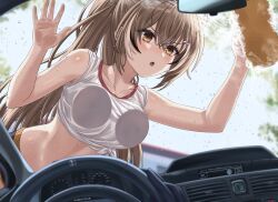  1girl against_glass against_window breast_press breasts_on_glass brown_eyes brown_hair car_interior collarbone gardavwar hair_ornament hairclip highres hololive hololive_english long_hair midriff nanashi_mumei navel open_mouth ponytail shirt sleeves_rolled_up solo sponge steering_wheel tied_shirt virtual_youtuber washing_vehicle  rating:Sensitive score:39 user:danbooru