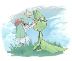 2girls aliasing antennae arms_up arthropod_girl blue_flower blue_sky blush border closed_eyes closed_mouth cloud colored_skin creatures_(company) day female_focus flat_chest flower flower_wreath from_side full_body game_freak gen_3_pokemon gen_5_pokemon grass green_hair green_skin happy head_wreath height_difference kirlia kneeling leavanny leg_up light_blush long_hair multicolored_skin multiple_girls nintendo outdoors outstretched_arms pokemon pokemon_(creature) profile red_eyes sidelocks sitting sky smile sok_(mr14_c) standing standing_on_one_leg two-tone_skin u_u white_border white_flower white_skin yellow_flower yellow_skin