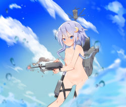  1girl blue_eyes caburi caburi_aki cleft_of_venus closed_mouth cloud cloudy_sky collarbone crescent crescent_hair_ornament day female_focus flat_chest hair_between_eyes hair_ornament highres kantai_collection long_hair nipples outdoors purple_hair pussy sky solo uncensored v-shaped_eyebrows water weapon yayoi_(kancolle) 