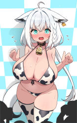  1girl @_@ ahoge alternate_breast_size alternate_costume animal_collar animal_ear_fluff animal_ears animal_print areola_slip armpit_crease bell bikini black_collar blue_eyes blush braid breasts collar commentary_request cow_print cow_print_bikini cow_print_thighhighs cowbell cowboy_shot crossed_bangs dot_nose ear_tag embarrassed flying_sweatdrops fox_ears fox_girl fox_tail front-tie_bikini_top front-tie_top hair_between_eyes halterneck hands_up highres hololive huge_breasts kani_bonara legs_together long_hair looking_at_viewer low_ponytail neck_bell open_mouth paid_reward_available print_bikini print_thighhighs shirakami_fubuki side_braid single_braid skindentation solo solo_focus standing string_bikini sweat swimsuit tail thick_thighs thighhighs thighs very_long_hair virtual_youtuber white_hair wide-eyed wide_hips  rating:Questionable score:24 user:danbooru