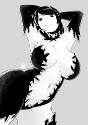  1girl armpits arms_up asymmetrical_clothes black_eyes black_gloves breasts breasts_apart cosplay cowboy_shot elbow_gloves freya_(danmachi) freya_(danmachi)_(cosplay) gloves grey_background greyscale ibnu_rusydi large_breasts looking_at_viewer mba_din monochrome navel original simple_background smile solo 