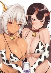 2girls :q aged_up alternate_breast_size animal_print bare_shoulders bell belt_collar bikini black_hair blush bottle breast_press breasts chinese_zodiac cleavage collar collarbone commentary_request cow_print cowbell dark-skinned_female dark_skin elbow_gloves female_focus gloves hair_intakes hair_ornament hairclip highres horns huge_breasts long_hair looking_at_viewer milk_bottle multiple_girls neck_bell oni orange_eyes origamine_ouka original print_bikini print_gloves red_eyes simple_background skin-covered_horns smile sweatdrop swimsuit symmetrical_docking takunomi tongue tongue_out underboob upper_body ursula_(takunomi) white_background white_hair year_of_the_ox rating:Questionable score:49 user:danbooru