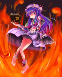  1girl absurdres book female_focus fire full_body hat highres legs long_hair patchouli_knowledge purple_eyes purple_hair ribbon shoes solo touhou yarusena 