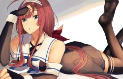 1girl ahoge bad_id bad_twitter_id bare_shoulders black_gloves black_skirt black_thighhighs blue_eyes blue_neckerchief fingerless_gloves gloves hair_ribbon hairband inusaka kantai_collection kawakaze_(kancolle) long_hair looking_at_viewer low_twintails lying neckerchief no_shoes on_stomach pleated_skirt red_hair red_ribbon ribbon shirt sidelocks skirt sleeveless sleeveless_shirt solo thighhighs twintails very_long_hair zettai_ryouiki rating:Sensitive score:7 user:danbooru