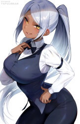  1girl black_pants blush borrowed_character bow bowtie breasts commission dark-skinned_female dark_skin formal grey_hair highres large_breasts looking_at_viewer open_mouth original pants parted_bangs ponytail simple_background smile smug solo tofuubear vest white_background yellow_eyes 