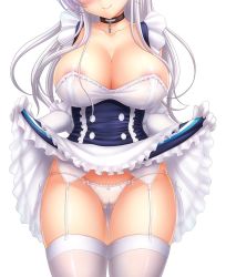 1girl apron areola_slip azur_lane belfast_(azur_lane) breasts chain cleavage clothes_lift collar corset frilled_apron frilled_gloves frills garter_straps gloves kisaragi_mic large_breasts lifted_by_self maid maid_apron out_of_frame panties see-through silver_hair skirt skirt_lift thighhighs thighs underwear waist_apron white_apron white_gloves rating:Questionable score:43 user:danbooru