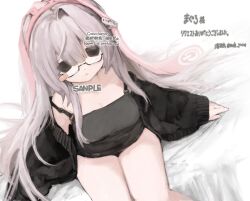  1girl :&lt; black_camisole black_cardigan black_eyes black_panties breasts camisole cardigan commission from_above glass grey_hair hat highres long_hair looking_at_viewer medium_breasts on_bed open_cardigan open_clothes original panties sitting skeb_commission solo thighs underwear youyuu_(melt_yo103) 