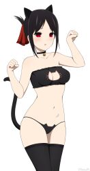 1girl :o absurdres animal_ears bell black_bra black_choker black_hair black_panties black_thighhighs bra breasts cat_cutout cat_ears cat_lingerie cat_tail choker cleavage_cutout clenched_hands clothing_cutout commentary cowboy_shot folded_ponytail highres jingle_bell kaguya-sama_wa_kokurasetai_~tensai-tachi_no_renai_zunousen~ looking_at_viewer meme_attire navel neck_bell open_mouth panties paw_pose red_eyes shinomiya_kaguya simple_background small_breasts solo stomach strapless strapless_bra tail thighhighs underwear white_background yisusjpl