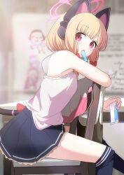  1boy 1girl :o animal_ear_headphones animal_ears black_skirt black_socks black_tail blonde_hair blue_archive blunt_bangs blurry blurry_background bow camisole cat_ear_headphones classroom commentary dot_nose fake_animal_ears food food_in_mouth frilled_skirt frills halo headphones highres holding jacket kaine_(gupisgood) light_blush looking_back momoi_(blue_archive) open_mouth pink_eyes pink_halo pleated_skirt popsicle popsicle_in_mouth red_bow ribbon sensei_(blue_archive) short_hair single_bare_leg single_bare_shoulder sitting sitting_backwards skirt socks tail tail_ornament tail_ribbon tail_ring twintails unworn_jacket white_camisole 