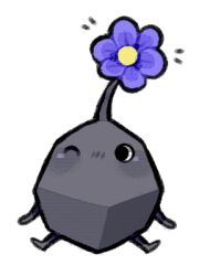  black_eyes black_skin blush blush_stickers colored_skin commentary english_commentary flower light_blush looking_at_viewer lowres nintendo no_humans no_mouth nose_blush notice_lines one_eye_closed pikmin_(creature) pikmin_(series) purple_flower rock rock_pikmin sitting spicymochi transparent_background 