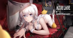 +_+ 1girl :o absurdres animal_ears anniversary ass azur_lane blue_eyes blush breasts fake_animal_ears flower heatia highres jewelry le_malin_(azur_lane) le_malin_(listless_lapin)_(azur_lane) leotard long_hair looking_at_viewer lying manjuu_(azur_lane) medium_breasts official_alternate_costume on_stomach pantyhose playboy_bunny rabbit_ears ring signature solo tail the_pose very_long_hair white_hair white_pantyhose wrist_cuffs rating:Sensitive score:30 user:danbooru