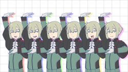 6+boys :d :| ascot asticassia_school_uniform closed_mouth collared_jacket commentary_request cowboy_shot dot_nose elan_ceres expressionless expressions gloves green_eyes green_jacket green_shorts grid_background gundam gundam_suisei_no_majo hair_between_eyes hand_up highres jacket long_sleeves looking_at_viewer male_focus multiple_boys multiple_persona open_mouth outline raised_eyebrows school_uniform sheeeh! short_hair shorts shoulder_boards sidelocks simple_background smile teeth ueyama_michirou upper_teeth_only v-shaped_eyebrows white_ascot white_background white_gloves