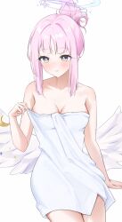  1girl :d absurdres alternate_costume alternate_hairstyle angel_wings arm_support bare_shoulders blue_archive blush breasts cleavage collarbone commentary_request dripping feathered_wings hair_bun halo highres long_hair medium_breasts mika_(blue_archive) naked_towel open_mouth parted_lips pink_hair sidelocks simple_background single_hair_bun sitting smile solo towel wan_du29 wet white_background white_wings wings yellow_eyes 