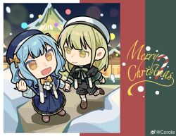  2girls bang_dream! bang_dream!_it&#039;s_mygo!!!!! black_capelet black_shorts blue_capelet blue_dress blue_hair blue_hat bow brown_footwear capelet chinese_commentary christmas christmas_tree commentary commentary_request dress english_commentary english_text green_hair hair_bow hat highres holding_hands long_hair looking_at_another merry_christmas mixed-language_commentary multiple_girls open_mouth outdoors shorts smile snow snowing standing togawa_sakiko two_side_up wakaba_mutsumi walking weibo_watermark white_hair yellow_bow yellow_eyes yui_k_(yuik48074789) 