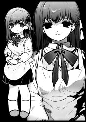  1girl apron blush_stickers breasts closed_mouth collared_shirt fate/stay_night fate_(series) greyscale hair_behind_ear hair_ribbon half-closed_eyes highres jihecchi kneehighs light_smile long_hair long_sleeves looking_at_viewer matou_sakura medium_breasts monochrome multiple_views neck_ribbon pleated_skirt ribbon shirt shoes simple_background single_blush_sticker skirt sleeve_cuffs smile socks 
