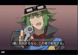  1boy aiming black-framed_eyewear black_jacket black_necktie black_sleeves blue_scarf brown_background brown_hat collared_jacket collared_shirt commentary_request danganronpa_(series) fake_screenshot fingernails furrowed_brow goggles goggles_on_head gradient_background green_eyes green_hair gun half-closed_eyes handgun hat high_collar holding holding_gun holding_weapon jacket letterboxed long_sleeves looking_at_viewer male_focus necktie open_clothes open_jacket open_mouth otori_teruya pipipyoco red_shirt scarf shirt short_hair simple_background smiley_face solo spoilers straight-on super_danganronpa_another_2 translation_request upper_body weapon 