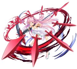  1girl :&gt; absurdres bare_legs bare_shoulders breasts demon_girl dress felicia_(taimanin_kurenai) female_focus foreshortening full_body grin highres holding holding_scythe holding_weapon legs_apart light_smile lilith-soft long_hair looking_at_viewer magic official_art pink_hair pointy_ears reaching reaching_towards_viewer red_eyes scythe shiny_skin small_breasts smile solo taimanin_(series) taimanin_kurenai taimanin_rpgx twintails very_long_hair weapon white_dress wide_hips zol 