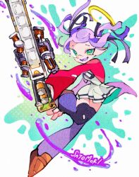  1girl :d artist_name black_ribbon blue_thighhighs bokusatsu_tenshi_dokuro-chan brown_footwear colored_tongue commentary_request cosplay fangs film_grain floating_hair full_body green_eyes grizzco_splatana_(splatoon) hair_ribbon halo highres holding holding_weapon inkling inkling_girl inkling_player_character jacket loafers looking_at_viewer mitsukai_dokuro mitsukai_dokuro_(cosplay) nintendo open_clothes open_jacket open_mouth paint_splatter pleated_skirt purple_hair purple_tongue red_jacket ribbon satomori shirt shoes short_twintails skirt skirt_set smile solo splatoon_(series) splatoon_3 standing standing_on_one_leg tentacle_hair thighhighs traditional_halo twintails uneven_eyes weapon white_shirt white_skirt yellow_halo 