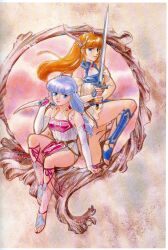  1980s_(style) 1boy 1girl ahoge blonde_hair blue_eyes character_request creamy_mami elbow_gloves fantasy gloves highres holding holding_sword holding_weapon horns knife light_smile mahou_no_tenshi_creamy_mami non-web_source official_art oldschool painting_(medium) purple_hair retro_artstyle reverse_grip sandals scan sword takada_akemi traditional_media two-handed watercolor_(medium) weapon 
