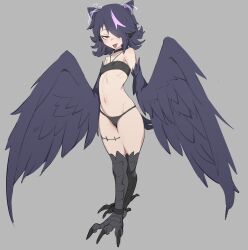  1girl absurdres anklet bandeau bare_shoulders bird_legs bird_tail black_bandeau black_choker black_feathers black_hair black_panties black_wings blush breasts choker commentary cone_hair_bun covered_erect_nipples electricity fang feathered_wings feathers grey_background hair_bun hair_over_one_eye harpy highres jewelry leg_tattoo loli medium_hair monster_girl multicolored_hair navel open_mouth original panties pink_hair red_eyes skin_fang small_breasts solo streaked_hair tail tattoo thus0thus underwear winged_arms wings 