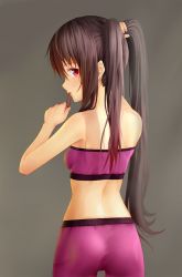  1girl adjusting_hair aki99 ass bare_shoulders bike_shorts brown_hair bunching_hair cowboy_shot from_behind grey_background highres long_hair looking_back midriff mouth_hold original red_eyes simple_background solo sports_bra twintails uneven_twintails very_long_hair  rating:Sensitive score:120 user:danbooru