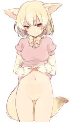 10s 1girl animal_ears blonde_hair blush bottomless bow bowtie brown_eyes cleft_of_venus clothes_lift commentary_request cowboy_shot fennec_(kemono_friends) fox_ears fox_tail kemono_friends lifted_by_self light_smile looking_at_viewer nagami_yuu navel pussy shirt_lift short_hair simple_background sketch solo tail uncensored white_background rating:Explicit score:104 user:danbooru